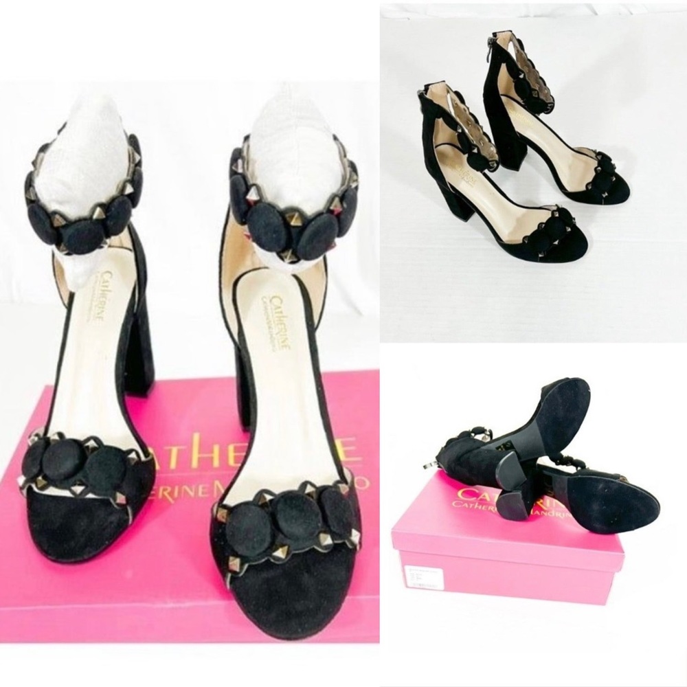 Catherine Malandrino NWB Sz 8 Black Suede Alexa Block Heel Sandal W/ Ornaments